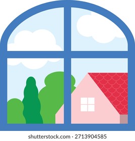 Ilustración de ventana simple con vista al aire libre. Adecuado para conceptos del hogar, materiales de aprendizaje para niños e iconos interiores.