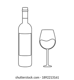 Simple wine bottle and wine glass for wine tasting concept in outline vector