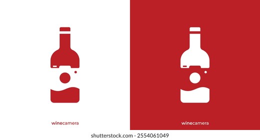 Simple Wine Camera Logo. Wine Bottle and Negative Space Camera Icon Graphic. Wine Photography Logo Design Template.