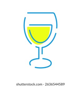 Simple wine glass vector icon illustration in blue and yellow colors.