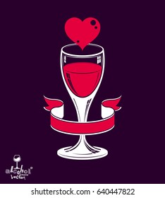 Simple wineglass vector artistic illustration â?? marriage conceptual graphic object. Valentineâ??s Day celebration theme â?? stylized goblet with red heart and beautiful wavy ribbon.