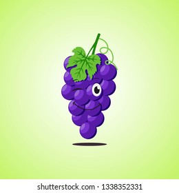 Simple winking character cartoon purple grapes. Cute smiling purple grapes icon isolated on green background. Vector illustration EPS 10.
