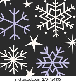 Simple winter background design with snowflakes and stars in doodle flat style. Vector illustration on a black background