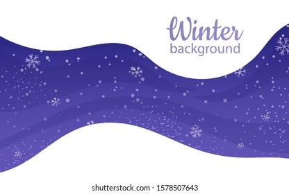 Simple winter blue background with snowflakes. Snowfall and waves, place for text.