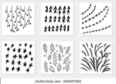 Sencillas navidades de invierno con estampados de gruñido. Seis texturas vectoriales de copos de nieve, abetos, bayas y hojas huecas, ramas de abeto y guirnaldas festivas