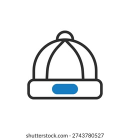 Simple winter hat icon with a blue accent on the brim, isolated on white. Vector illustration of a beanie.