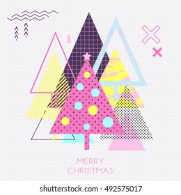 Simple winter holiday geometrical gift card in retro comic style of 80s-90s with bright christmas trees. Vector background perfect for cards wallpapers poster design