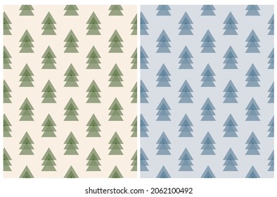 Simple Winter Holidays Seamless Vector Pattern with Green and Blue Christmas Trees made of Triangles isolated on a Beige and Blue Background. Woodland Party Print. Modern Forest Repeatable Design.