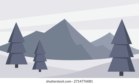 Simple winter landscape background illustration with flat design featuring pine trees, mountains, and snowy lands.