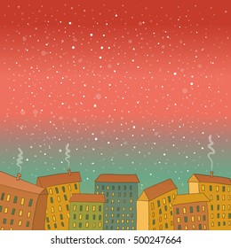 Simple winter landscape with city background. Template frame, banner. Vector colorful illustration in flat style