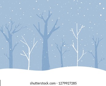 Sencillo paisaje invernal con caída de nieve y árboles desnudos. Ilustración plana de naturaleza azul, fondo vectorial