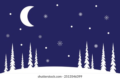 Paisaje simple del invierno con la nieve que cae en el bosque del abeto. Arte vectorial de concepto de vacaciones de invierno internacionales