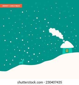 Simple winter landscape with house, snow hills and deer. Template frame, banner. Vector colorful illustration in flat style