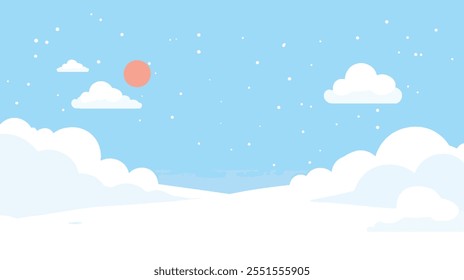 Simple winter landscape illustration with a pastel sky, clouds, and snow.