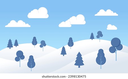 Simple winter landscape illustration, vector background with winter snow theme, flat design style vector illustration of snow hills, clouds and trees