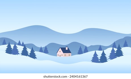 Simple winter landscape illustration, vector background with the winter snow theme, flat design style, vector illustration of mountain, house, and pine trees