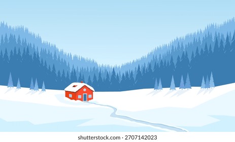 Paisaje de invierno simple. Casa roja solitaria y sendero en un valle nevado. Montañas y bosque. Paisaje escandinavo. Ilustración vectorial en estilo plano.
