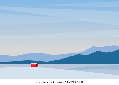 Simple winter landscape with snow covered mountains and lonely red house. Vector illustration in flat style for web page design. Scene of cold Scandinavian day in harsh northern nature