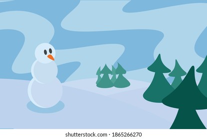 Simple winter landscape with snowman and trees