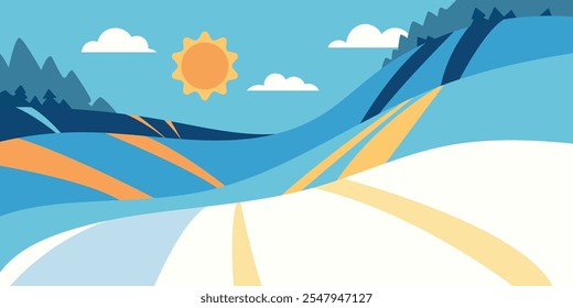 Simple winter landscape, wintry nature scene. Wintertime countryside landscape, snow-capped hills, fir forest in the distance, blue serene sky. Hilly countryside. Vector illustration.