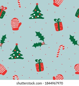 Simple winter pattern. Christmas attributes . Pale blue background. Vector texture. Holiday print for packaging.