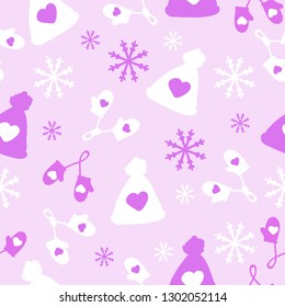 Simple winter pattern. Pink background, white and pink hat and mittens,snowflakes. Good print for banner, textiles, packaging, postcards.