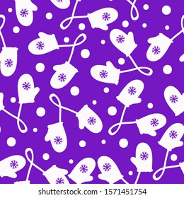 Simple winter pattern. Purple background, white mittens with snowflake, snow. The print is well suited for banner, textiles, packaging and postcards.