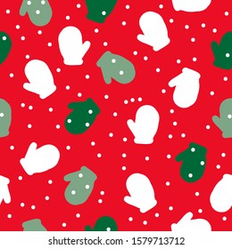 Simple winter pattern. Red background, cute green and white mittens in the snow. The print is well suited for Wallpaper, textiles, banner and packaging, postcards.