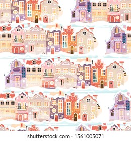 Simple winter pattern and vintage Christmas houses  old streets  cityscape 
