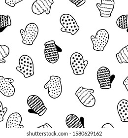 Simple winter pattern. White background, black ornament with cute mittens with patterns. The print is well suited for textiles, banner and packaging, postcards.