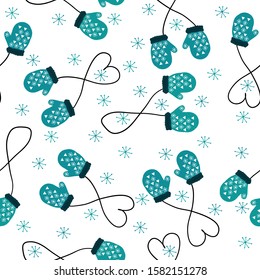 Simple winter pattern. White background, cute blue mittens with patterns, snowflakes. The print is well suited for textiles, Wallpaper, packaging, banner and postcards.