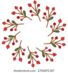 Simple Winter Red Berry Branch Circle Frame. Winter holiday decorative round border. Vector graphic for christmas, winter invitation, card, poster template design.