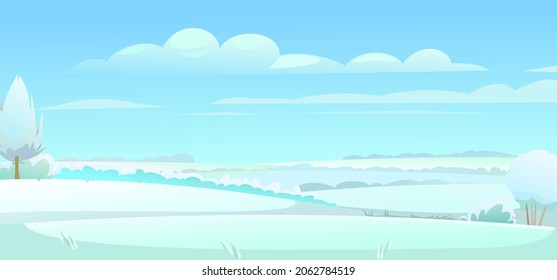 Simple Winter rural landscape with cold white snow and drifts. Beautiful frosty view of countryside hilly plain. Flat design cartoon style. Vector.
