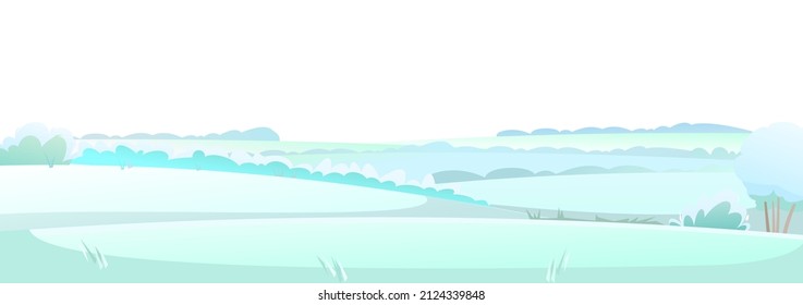 Simple Winter rural landscape with cold white snow and drifts. Beautiful frosty view of countryside hilly plain. Flat design cartoon style. Isolated on white background. Vector.