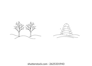 Simple Winter Scene Trees And Snowman Outline Vector Illustration Minimalist Design