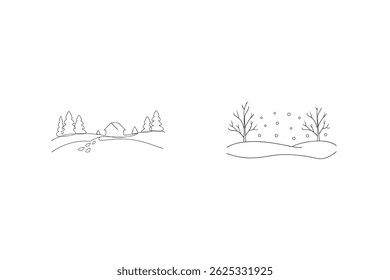 Simple Winter Scenery Outlines Featuring House Trees And Falling Snow Illustrations