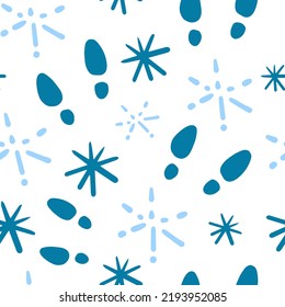 Simple winter seamless background. Snowflakes with traces ornament. xmas repeat vector illustration with blue footprints. Hand drawn doodles shoe tracks and snow