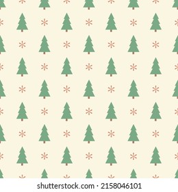 Simple winter seamless pattern with Christmas tree and snowflakes in retro colors