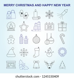 Simple winter set of Christmas icons. Vector Line Icons