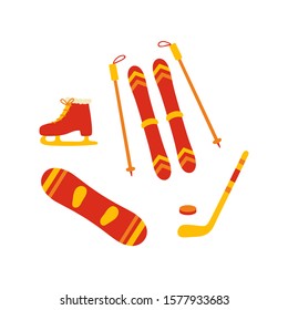 Simple winter sports related objects. Hockey, ice-skating, skiing, snowboarding. Snowboard, skates, skis, hockey stick, hockey puck. Hand drawn vector illustrations.