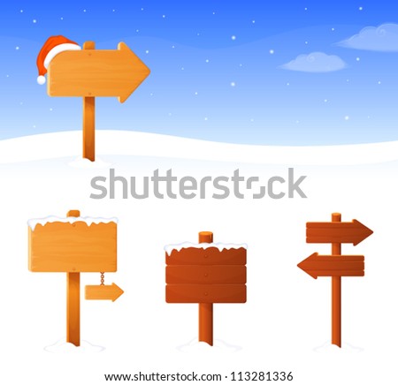 simple winter theme banner with a wooden sign board and santa hat, plus additional sign boards of different shape. Vector eps file.