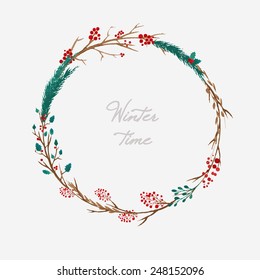 Simple Winter Wreath Made Of Branches And Berries