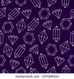 Simple wire framed diamond crystals on purple seamless pattern, vector