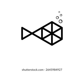 Simple Wireframe 3d isometric box Geometric Fish with Air Bubbles Logo