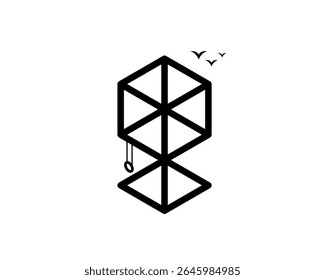 Simple Wireframe 3d isometric box Geometric Tree Tower with Birds Logo
