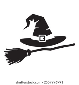 Simple Witch Hat and Broomstick Silhouette