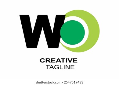 Vector de texto WO simple, diseño de icono o logotipo, concepto verde negro, fondo blanco.