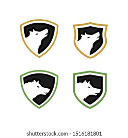 Simple wolf head logo vector icon. with Silhouette and line art shield. classic modern look. stand out original design post picture profile, smart phone app brand. Quiet friendly charisma future tech