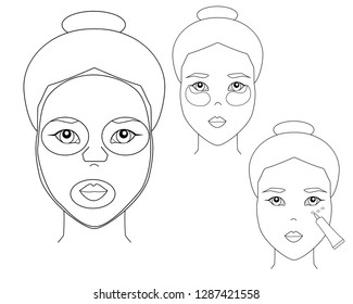 Simple woman face with eye patches. Asian girl puts on a face mask and eye cream. Skin care procedures. Isolated vector illustration for cosmetics packaging design. Facial care products.