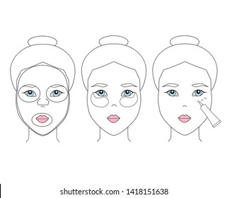 Simple woman face with eye patches. Asian girl puts on a face mask and eye cream. Skin care procedures. Isolated vector illustration for cosmetics packaging design. Facial care products.